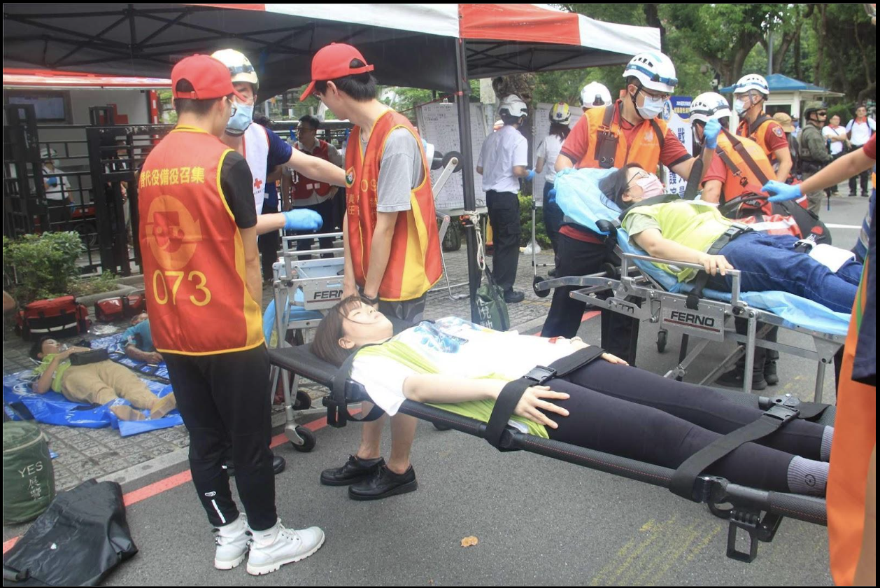 A rescue drill treating injured people conducted at the 2025 Urban Resilience Exercise