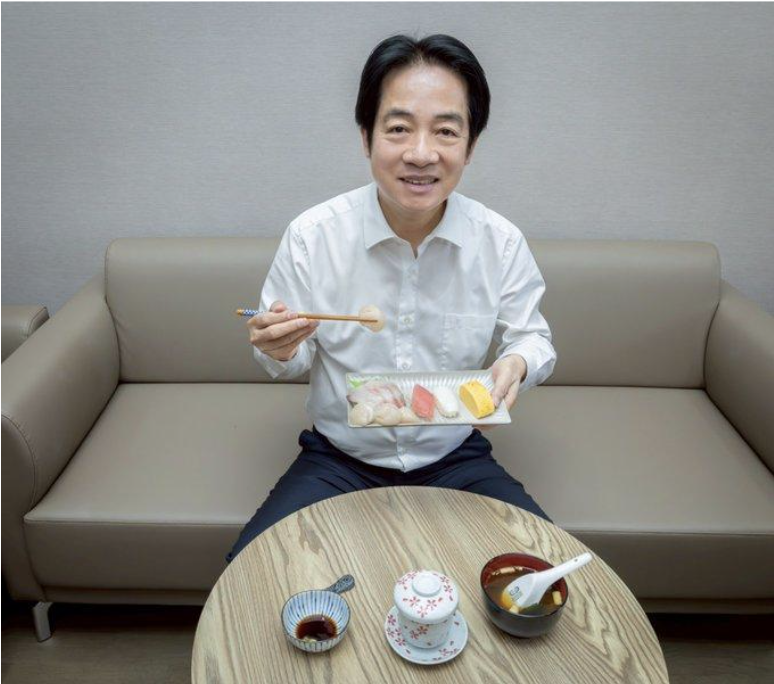 Taiwan President Lai Ching te eating sushi, in a social media posting intended to signal support for Japan in the midst of the diplomatic dispute with the PRC