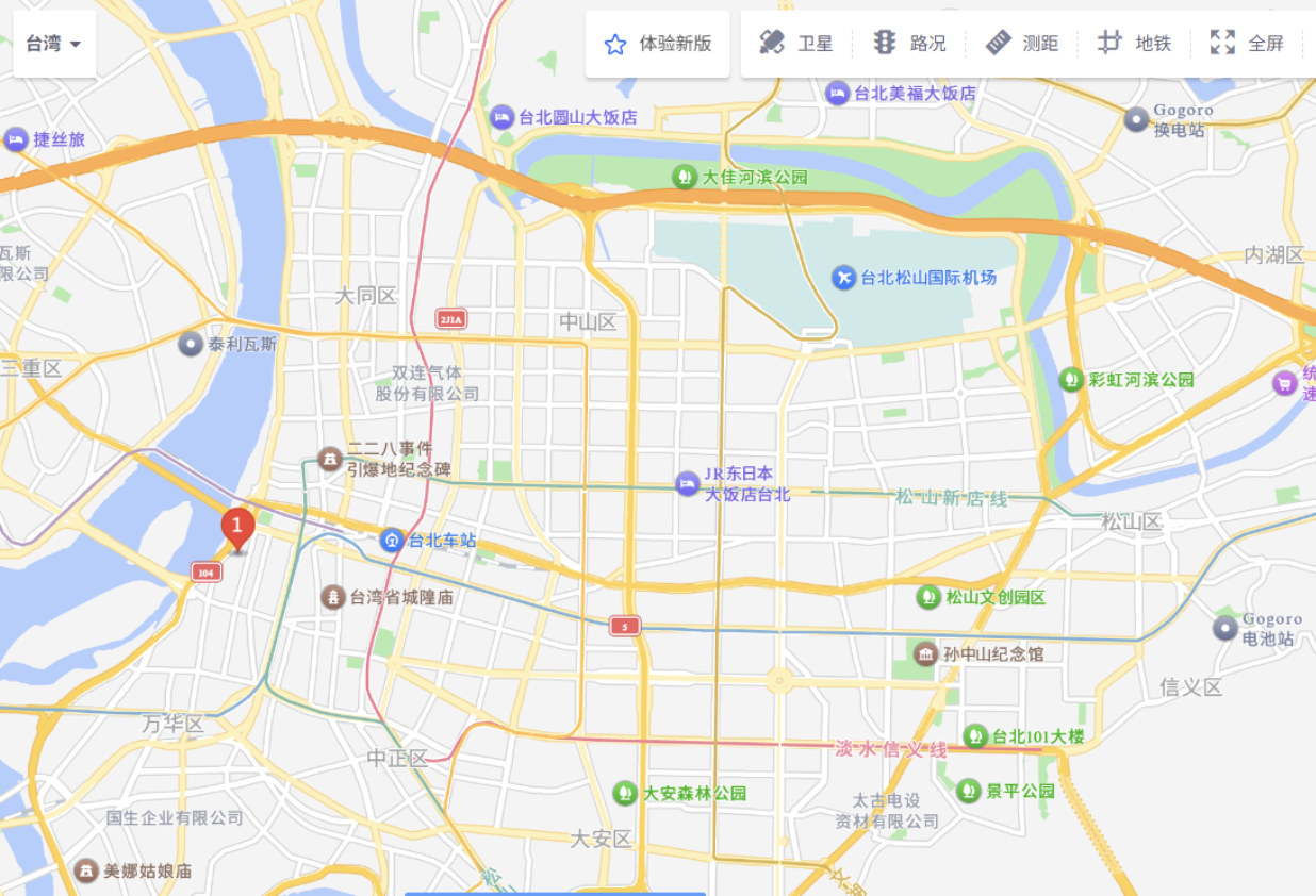A partial map of downtown Taipei, produced by the “Amap” navigation app. A partial map of downtown Taipei, produced by the “Amap” navigation app.